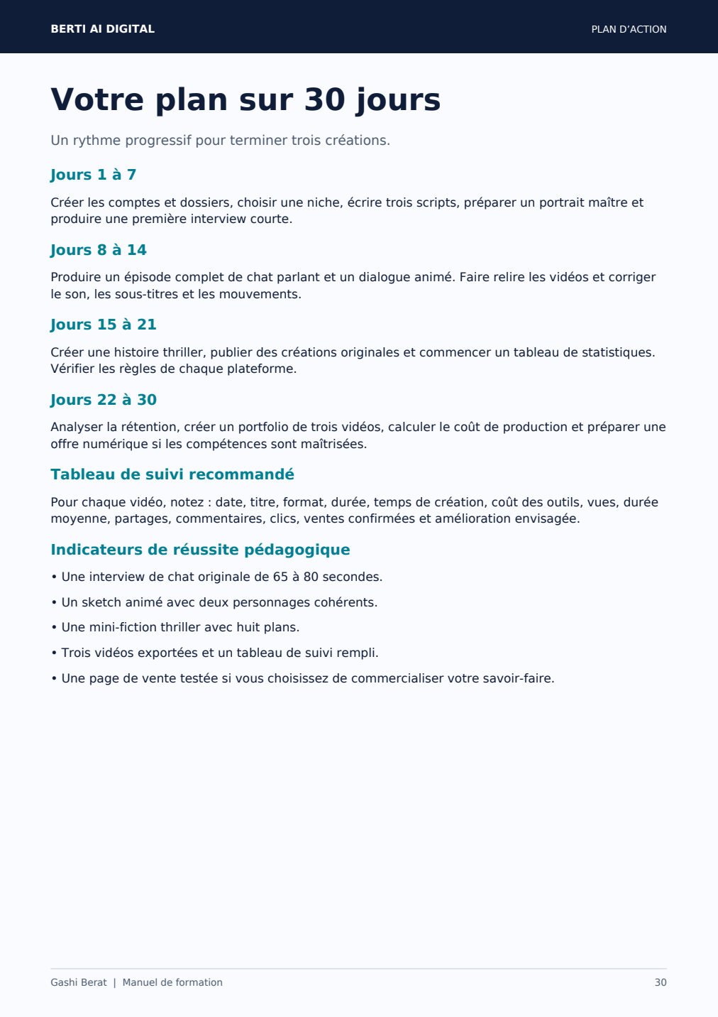 Aperçu du plan d’action sur 30 jours